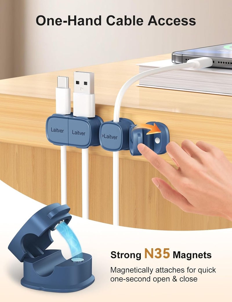 Laitver 6 Pack Magnetic Cable Clips [1s Open/Lock], Cord Organizer Holder Strong Adhesive Desk Cable Management- Organize Charging Cords Neatly for Home, Office, Car,Desk, Nightstand-Porcelain Blue - Image 4